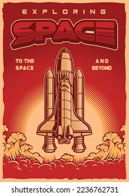 Vintage vector poster with space a shuttle taking off from earth