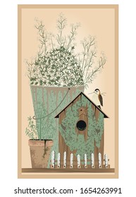 vintage vector pots with house, bird and flowers
