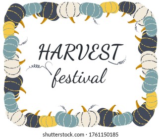 Vintage vector pumpkin frame with place for text for posters, cards, print design. Hand drawn illustration in blue and gold tints. Autumn harvest festival. 