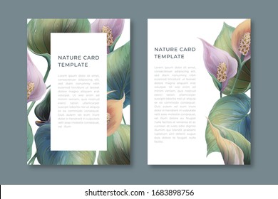 Vintage vector realistic cover design with calla flowers. Floral poster, greeting card, wedding floral invite, invitation card design. Flyer, banner, vector cover.