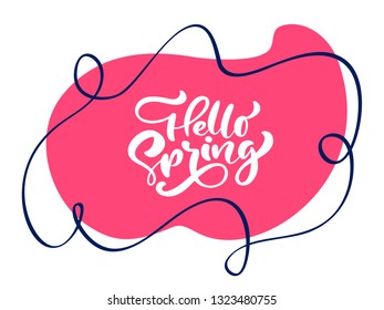 Vintage Vector red background with calligraphic lettering text Hello Spring. Isolated flat illustration on white background. Spring scandinavian hand drawn nature wedding design