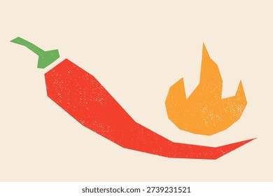 Vintage vector red chilli pepper with fire in doodle style. Spicy red chilli pepper.