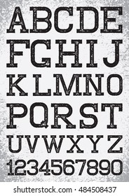 Vintage vector retro font stamped type, black scratched letters on the background