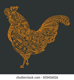 Vintage vector rooster with tribal ornaments. Symbol of 2017 year. Traditional ethnic tattoo, African, Indian, Thai, spirituality, boho design. For print, posters, t-shirts, textiles, coloring book.