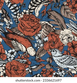 Vintage vector roses and birds seamless pattern, dark botanica,