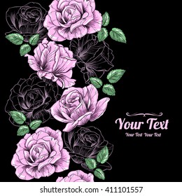 Vintage vector  roses flowers vertical frame pattern background . Invitation or greeting card design.Vector illustration