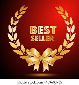 Vintage vector round badge with golden laurel wreath and gold ribbon "Best seller"