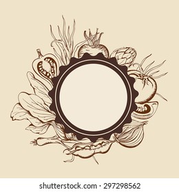 Vintage vector round banner with hand drawn vegetables