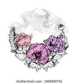 Vintage vector round composition with poppy flowers. 
