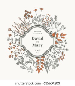 Vintage vector round floral frame with hand drawn field flowers. Beautiful wedding invitation with a retro border and different plants around it. Nice old style postcard template.