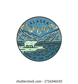 Vintage vector round label. Alaska. White bear. Aurora Borealis