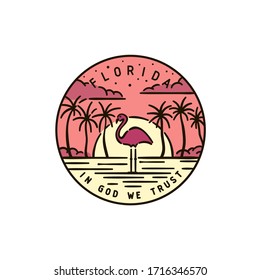 Vintage vector round label  Florida Flamingo Sunset