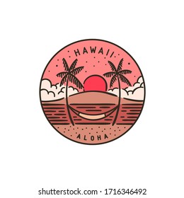 Vintage vector round label. Hawaii. Sunset Tropical