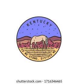 Vintage vector round label. Kentucky. River Eating horse