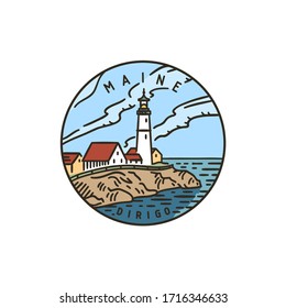 Vintage vector round label. Maine Lighthouse. Ocean