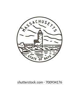 Vintage vector round label. Massachusetts. Lighthouse. 