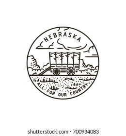 Vintage vector round label. Nebraska. Wagon.