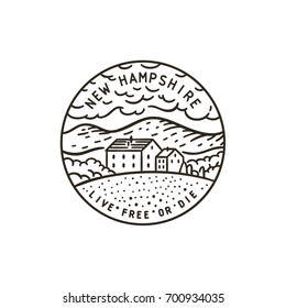 Vintage vector round label. New Hampshire. Mountains.