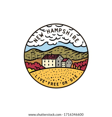Vintage vector round label. New Hampshire. Mountains