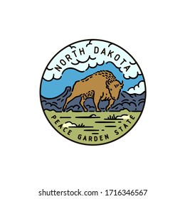 Vintage vector round label. North Dakota. Bison