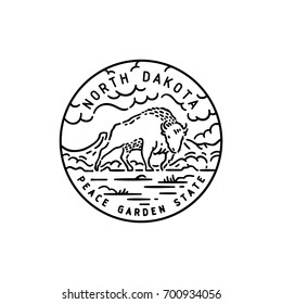 Vintage vector round label. North Dakota. Bison.