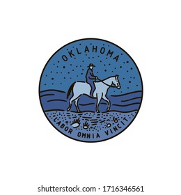 Vintage vector round label. Oklahoma. Cowboy on horse