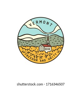 Vintage vector round label. Vermont. Church in the forest.