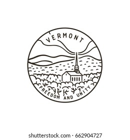 Vintage vector round label. Vermont. Church in the forest.