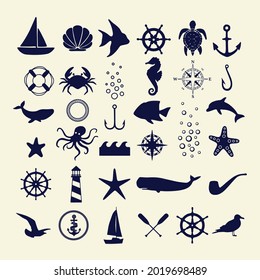 Vintage Vector Sea or Nautical Icon Symbol Elements Set for Your Retro Labels, Badges and Logos.