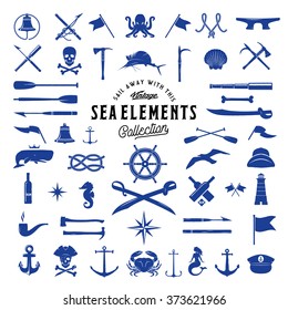 Vintage Vector Sea or Nautical Icon Elements Set for Your Retro Labels, Badges and Logos. Isolated.