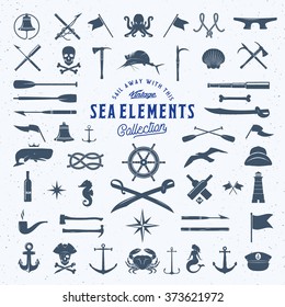 Vintage Vector Sea or Nautical Icon Symbol Elements Set for Your Retro Labels, Badges and Logos. Huge Template with Shabby Texture. Isolated.