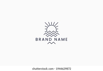 Vintage Vector of Sea and Sun Logo Line Art Design Template
