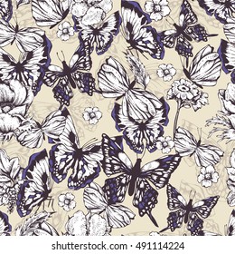 Vintage vector seamless background with butterflies and flowers. Natural floral pattern. Botanical illustration