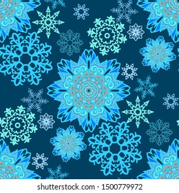 Vintage vector seamless christmas patterns, blue snowflakes. Xmas texture for wallpaper, web page background, wrapping paper.