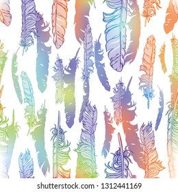 Vintage vector seamless feathers pattern isolated on white. Repeat feather rainbow doodle illustration. Vector