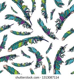 Vintage vector seamless feathers pattern. Repeat feather boho doodle illustration. Vector