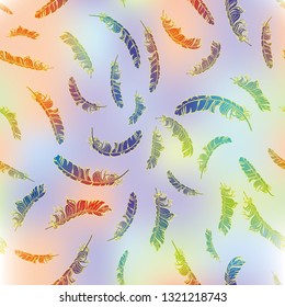 Vintage vector seamless feathers pattern. Repeat feather rainbow doodle illustration. Vector