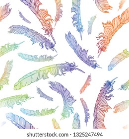Vintage vector seamless feathers pattern isolated on white. Repeat feather boho doodle illustration. Vector
