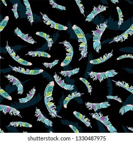 Vintage vector seamless feathers pattern isolated on black. Repeat feather boho doodle illustration. Vector