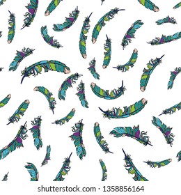 Vintage vector seamless feathers pattern. Repeat feather boho doodle illustration. Vector