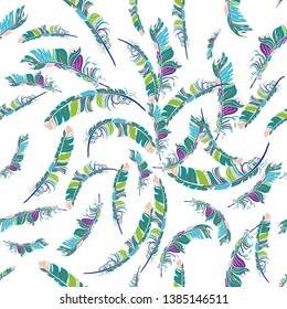 Vintage vector seamless feathers pattern isolated on white. Repeat feather boho doodle illustration. Vector