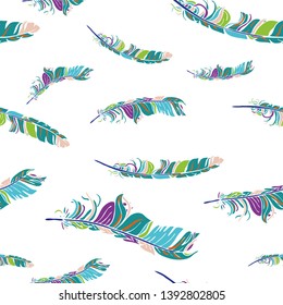 Vintage vector seamless feathers pattern isolated on white. Repeat feather boho doodle illustration. Vector
