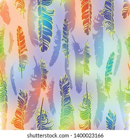 Vintage vector seamless feathers pattern. Repeat feather rainbow doodle illustration. Vector