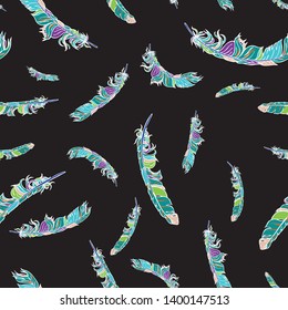 Vintage vector seamless feathers pattern isolated on black. Repeat feather boho doodle illustration. Vector