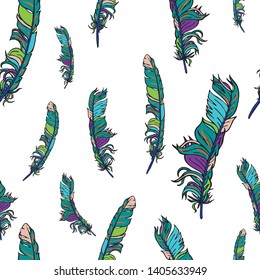 Vintage vector seamless feathers pattern isolated on white. Repeat feather boho doodle illustration. Vector