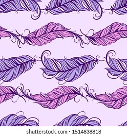 Vintage vector seamless feathers pattern. Beautiful cute pattern with feathers. Colored feathers