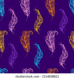 Vintage vector seamless feathers pattern. Beautiful cute pattern with feathers. Colored feathers