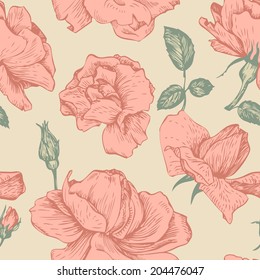vintage vector seamless floral pattern with roses flowers, hand drawn illustration