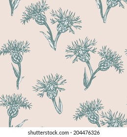 vintage vector seamless floral pattern with cornflowers, hand drawn ornament, natural illustration with flowers