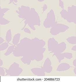 vintage vector seamless floral pattern with silhouettes of flowers and butterflies, hand drawn  illustration